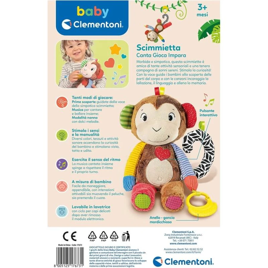 Mono de peluche interactivo «Clementoni Baby»: canta, juega y enseña