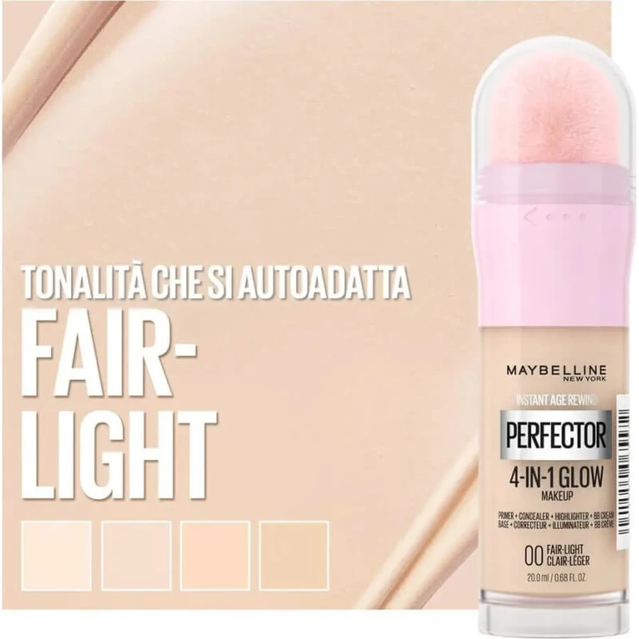 Maybelline Instant Age Rewind Perfector 4-în-1 Glow Makeup – fond de ten iluminator – nr. 00 Fair Light