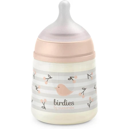 Suavinex Birdies – butelka dla niemowląt z silikonową smoczką SX Pro zapobiegającą kolkom, od 0 miesięcy, różowa, 150 ml: ceny i cechy
