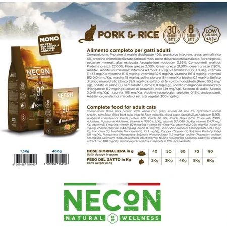 Necon Pet Food Necon Natural Wellness Pork and Rice - Complete Food for Adult Cats, 400 g