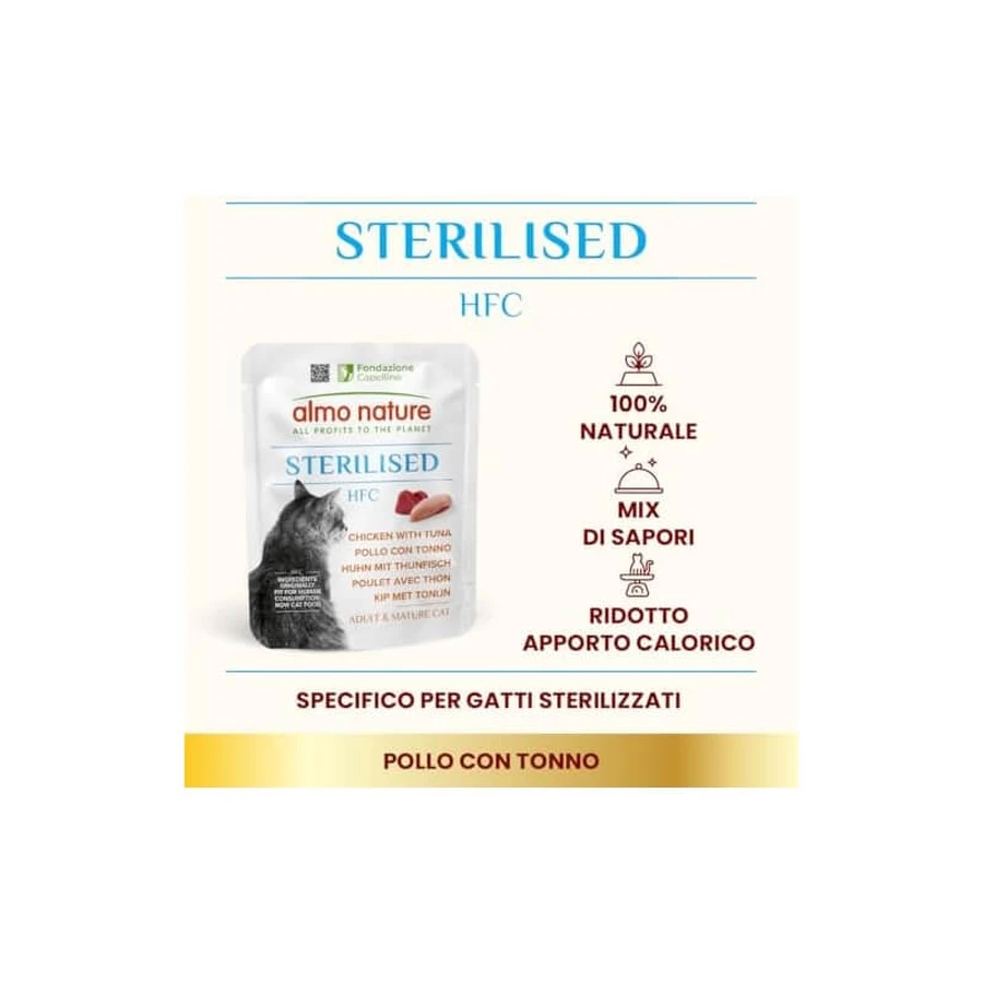 Almo Nature HFC Pollo y atún para gatos esterilizados - Alimento complementario para gatos adultos esterilizados, 50 g