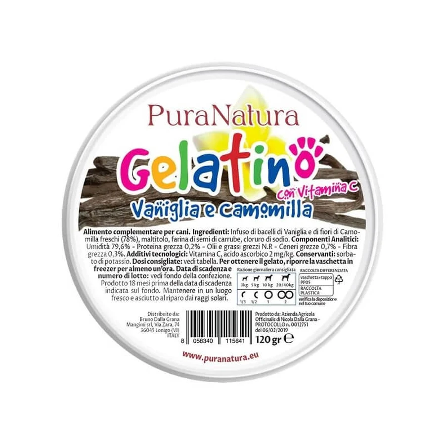 Bruno de la Grana Mangimi „Pura Natura” – gelatină cu vanilie și mușețel – hrană complementară pentru câini, 120 g