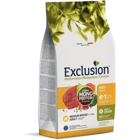 Exclusion Mediterraneo – formulă monoproteică pentru câini adulți de talie medie, cu carne de vită – hrană completă pentru câini adulți de talie medie, 12 kg