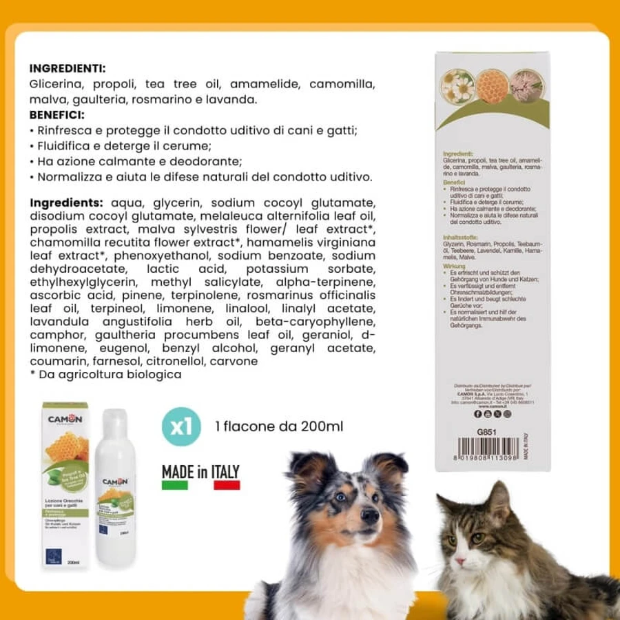 Camon Lozione auricolare - pulizia e igiene per cani e gatti con propoli e tea tree oil 200 ml