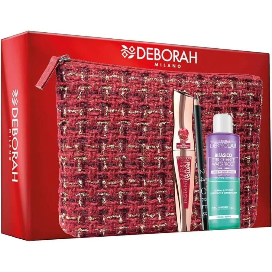 Deborah Kit „Privire perfectă” – rimel cu volum maxim instant + creion de ochi negru cu rezistență de 24 de ore + demachiant bifazic + trusă de machiaj