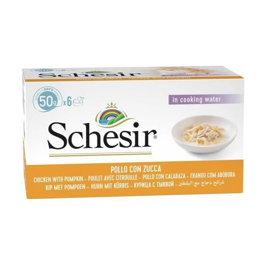 Schesir Multipack Filetes de pollo con calabaza - Alimento completo para gatos adultos que siguen una dieta o con poco apetito, 6 x 50 g