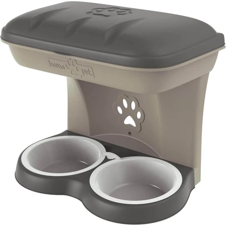 Bama Pet Food Maxi Stand: comedero ergonómico elevado con dos cuencos y un compartimento de almacenamiento para montar en la pared, de plástico color topo