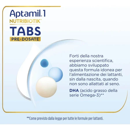 Aptamil Nutribiotik tabs 1 – preparat dla niemowląt w wieku 0–6 miesięcy, 21 saszetek: ceny i cechy