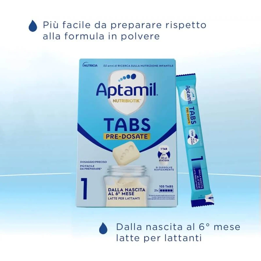 Aptamil Nutribiotik tabs 1 – preparat dla niemowląt w wieku 0–6 miesięcy, 21 saszetek: ceny i cechy