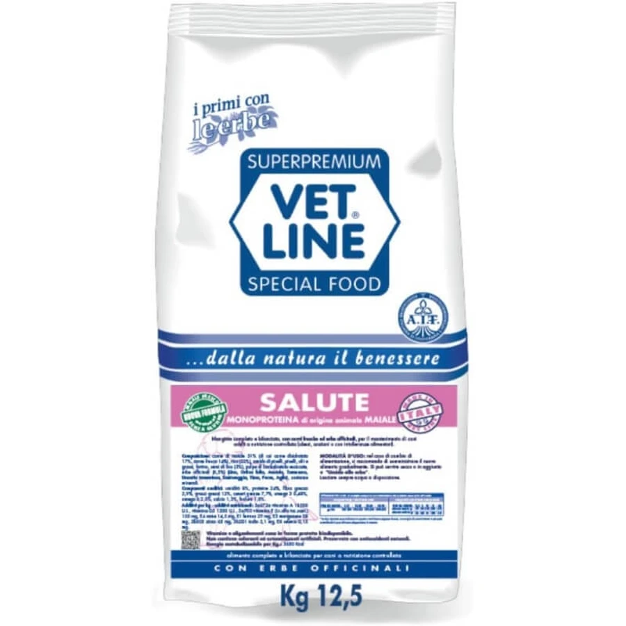Vet Line Vet Line Dog Health Pork - Hypoallergeen compleet voer voor volwassen honden van kleine rassen, 12,5 kg