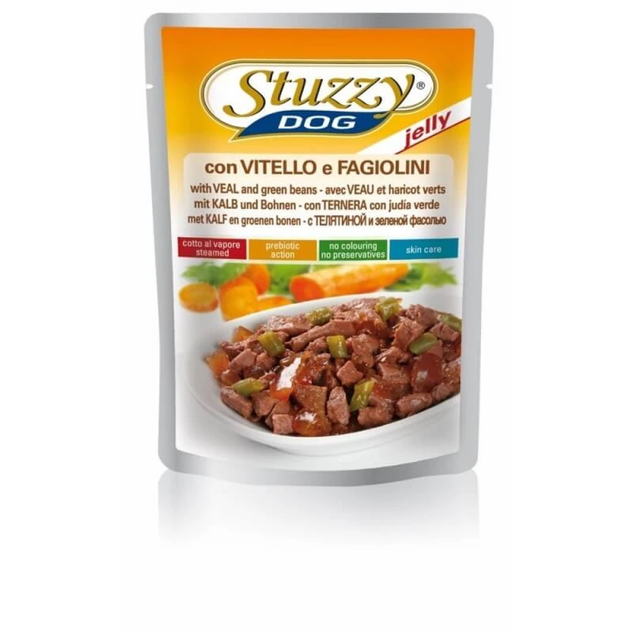 Stuzzy Bocconcini în gelatină cu carne de vițel și fasole verde – hrană completă pentru câini adulți, 100 g
