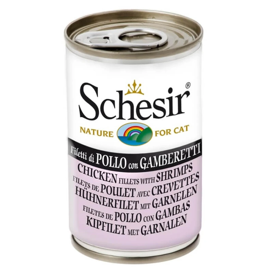 Schesir Fileuri de pui cu creveți în gelatină – hrană umedă pentru pisici, 140 g