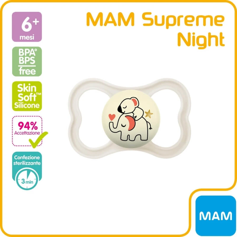 Mam Supreme night – suzetă luminoasă din silicon, de la 6 luni în sus, culoare neutră