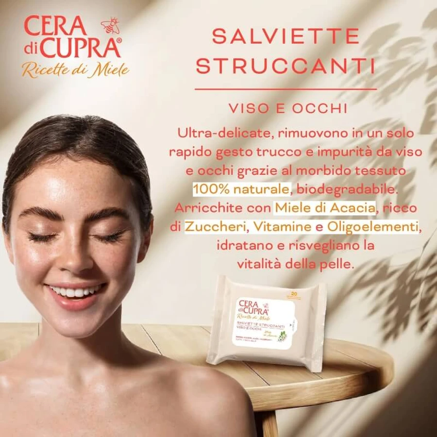 Cera di cupra Ricetta di bellezza - 20 salviette struccanti viso