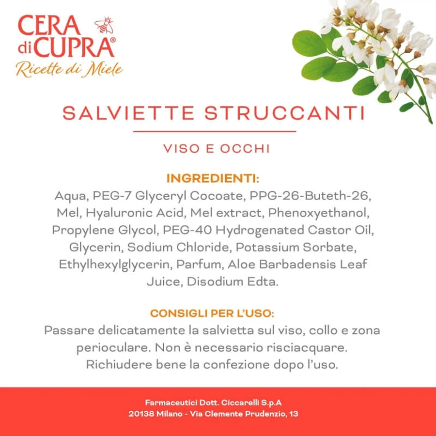 Cera di cupra Ricetta di bellezza - 20 salviette struccanti viso