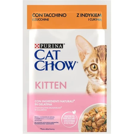 Purina Cat Chow Kitten cu curcan și dovlecei – hrană umedă pentru pisoi, 85 g