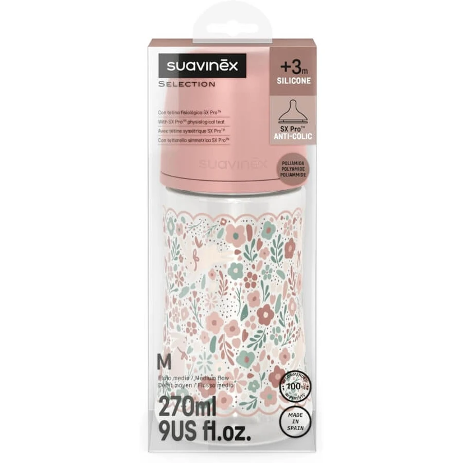 Suavinex Wonderland - Baby Bottle with Medium-Flow Silicone Nipple - 270 ml, Pink Liberty Print
