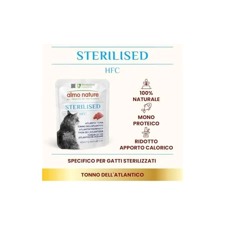 Almo Nature HFC Ton din Atlantic sterilizat – hrană complementară pentru pisici adulte sterilizate sau puțin active, 50 g