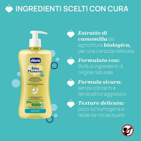 Chicco Baby Moments – șampon delicat cu mușețel, care nu provoacă lacrimi, de la 0 luni în sus, 500 ml