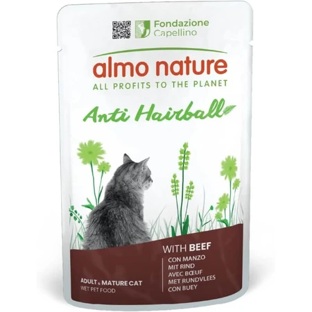 Almo Nature Anti-Haarbal Rundvlees en Kip - Compleet natvoer voor volwassen katten, 6 x 70 g