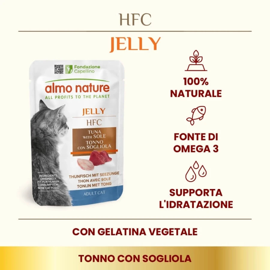 Almo Nature HFC Jelly cu ton și limbă de mare – hrană complementară pentru pisici adulte (pentru eliminarea ghemurilor de păr) 55 g