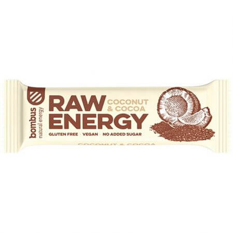 Baton energizant Raw Energy cu nuca de cocos si cacao, 50 g, Bombus