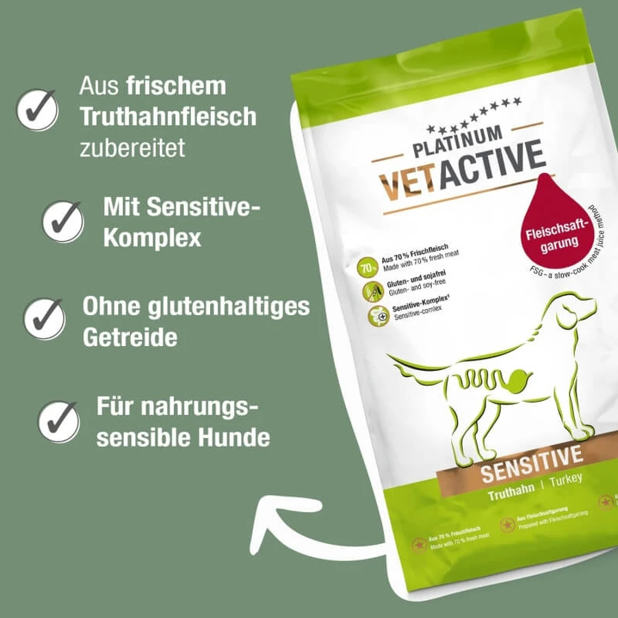 Platinum Vetactive Sensitive Turkey Dog Food - Complete Food for Dogs with Gastrointestinal Sensitivity, 5 kg