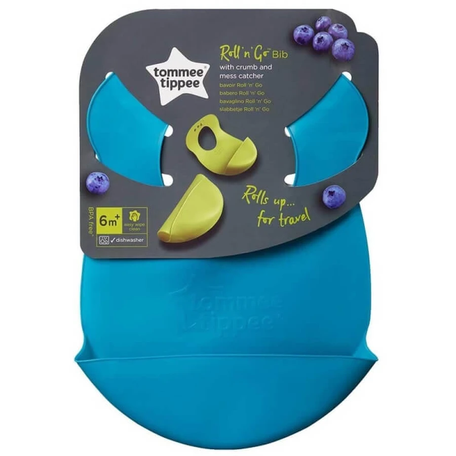 Tommee Tippee Roll 'n' Go - Bavoir en silicone avec poche ramasse-miettes, à partir de 6 mois - Couleurs assorties