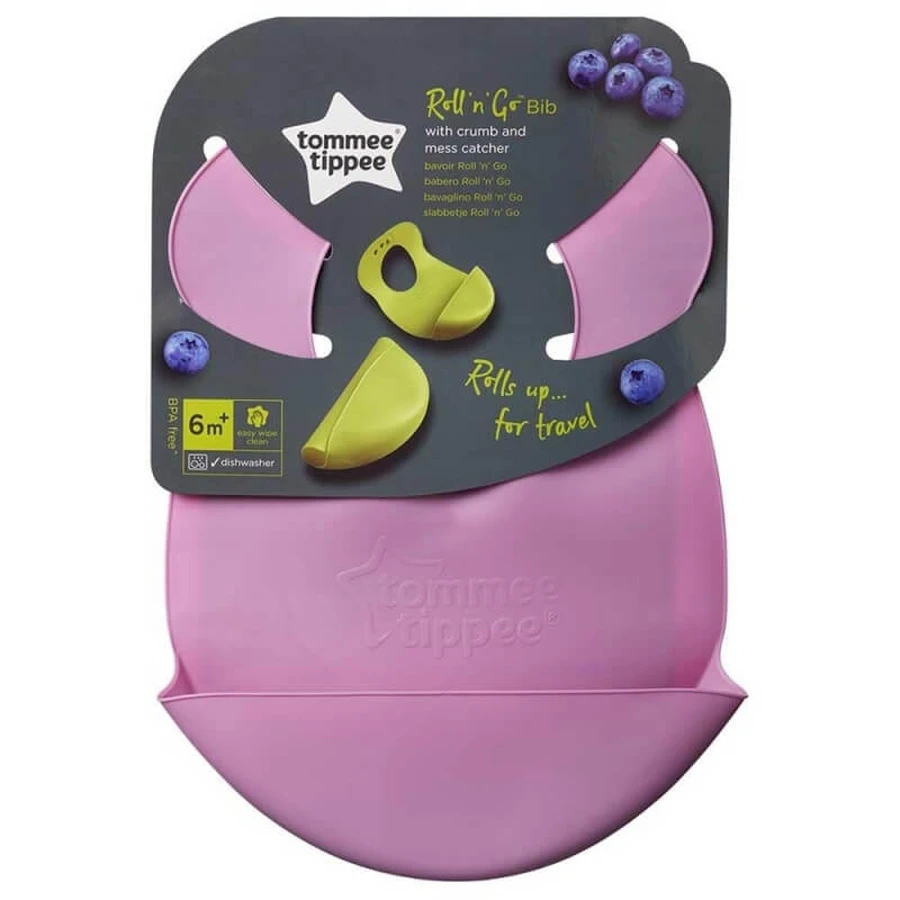 Tommee Tippee Roll 'n' Go - Bavoir en silicone avec poche ramasse-miettes, à partir de 6 mois - Couleurs assorties
