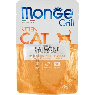 Monge Gatto – bucățele de somon la grătar, coapte la cuptor – hrană completă pentru pisoi, 85 g