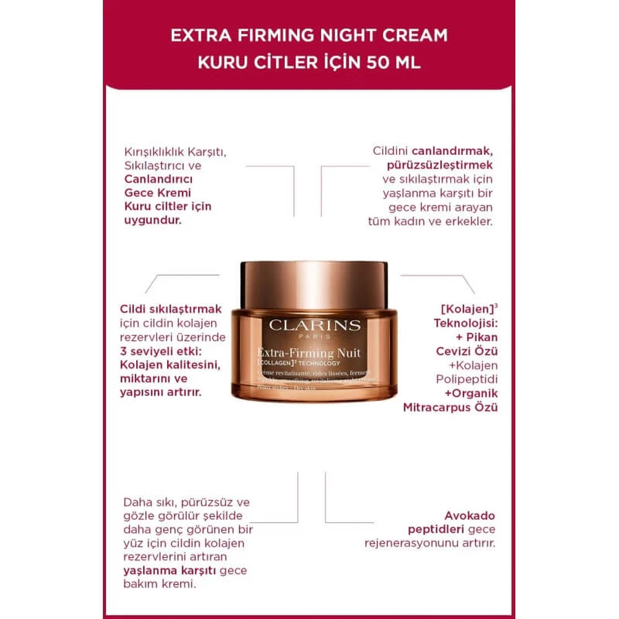 Clarins Extra-Firming Nachtcreme – Collagen-3-Technologie – Nachtcreme für trockene Haut, 50 ml