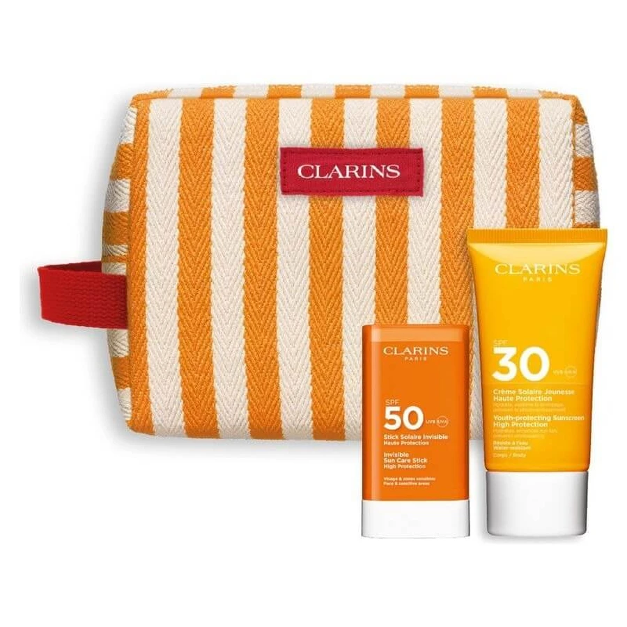 Rutina de protecție solară anti-îmbătrânire Clarins – cremă solară pentru corp SPF 30, 75 ml + stick solar SPF 50 + trusă