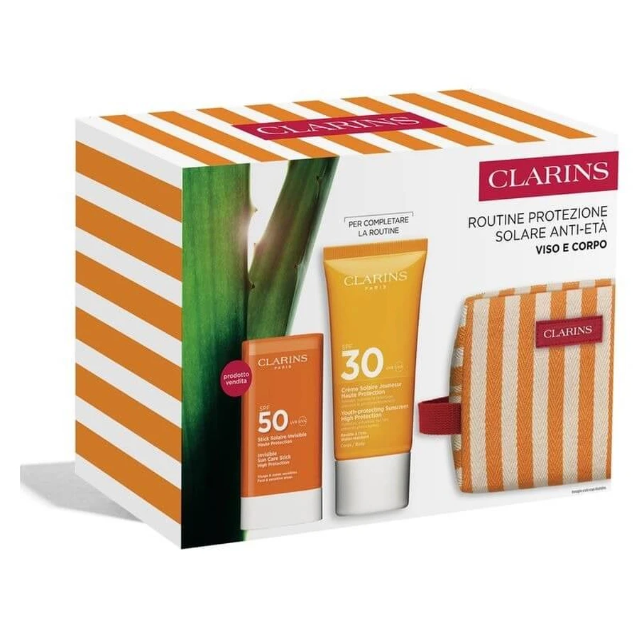 Rutina de protecție solară anti-îmbătrânire Clarins – cremă solară pentru corp SPF 30, 75 ml + stick solar SPF 50 + trusă