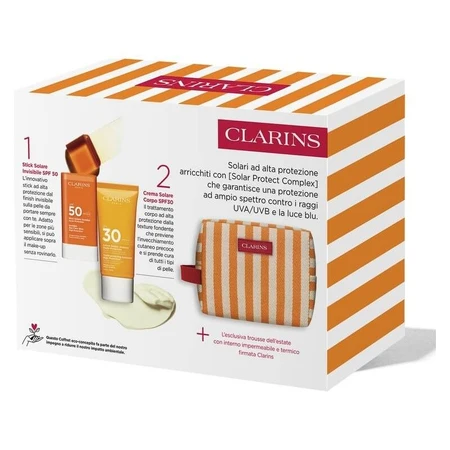 Rutina de protecție solară anti-îmbătrânire Clarins – cremă solară pentru corp SPF 30, 75 ml + stick solar SPF 50 + trusă