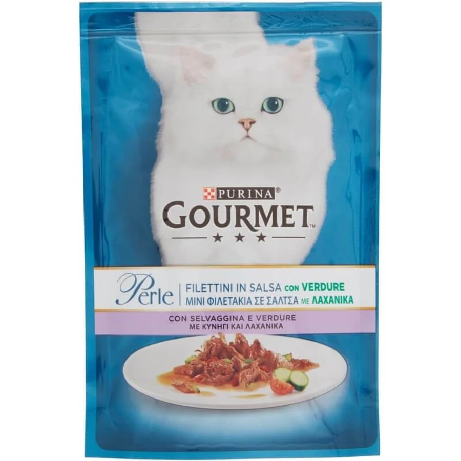 Purina Gourmet Perle – fâșii de pește în sos de vânat și legume – hrană completă pentru pisici adulte, 85 g