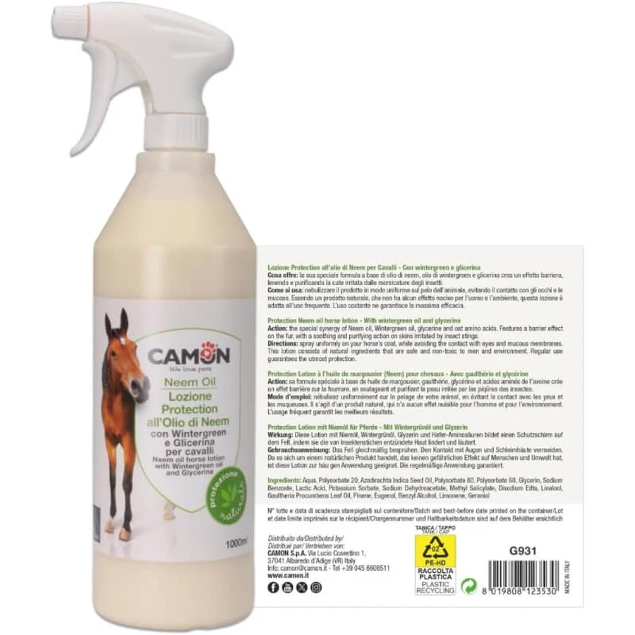 Camon Protective Lotion for Horses with Soothing and Purifying Neem Oil for Irritated Skin, 1000 ml