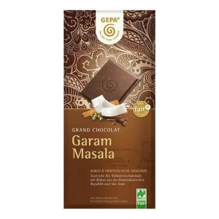 Chocolate ecológico con leche, coco y especias orientales Garam Masala, 100 g, Gepa