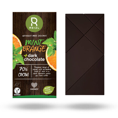 Zwarte chocolade met munt en sinaasappel, 70 gr, Reizl