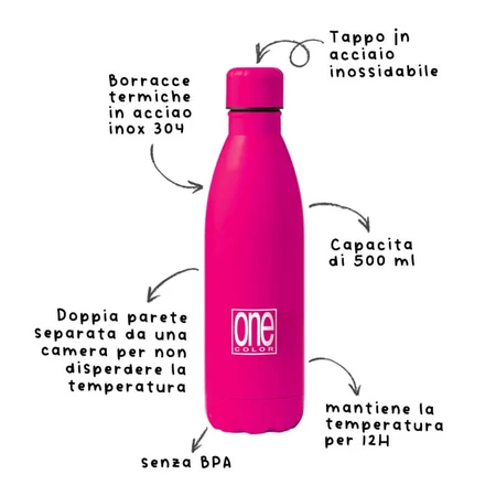 Blasetti One Color - Gourde isotherme en acier inoxydable à double paroi, 12 heures d'autonomie, couleur fuchsia