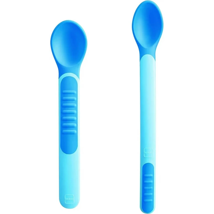 Mam Heat-Sensitive Spoons &amp; Covers - 2 Teaspoons with Lids, 6m+ - Boys