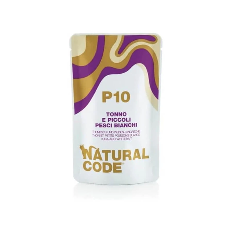 Natural Code P10 ton și pești albi mici – hrană umedă pentru pisici, 70 g