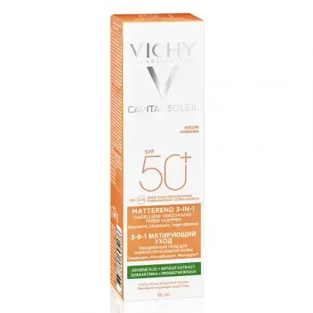 Vichy Capital Soleil Crema Matificante 3 en 1 Antibrillos con FPS 50+, 50 ml