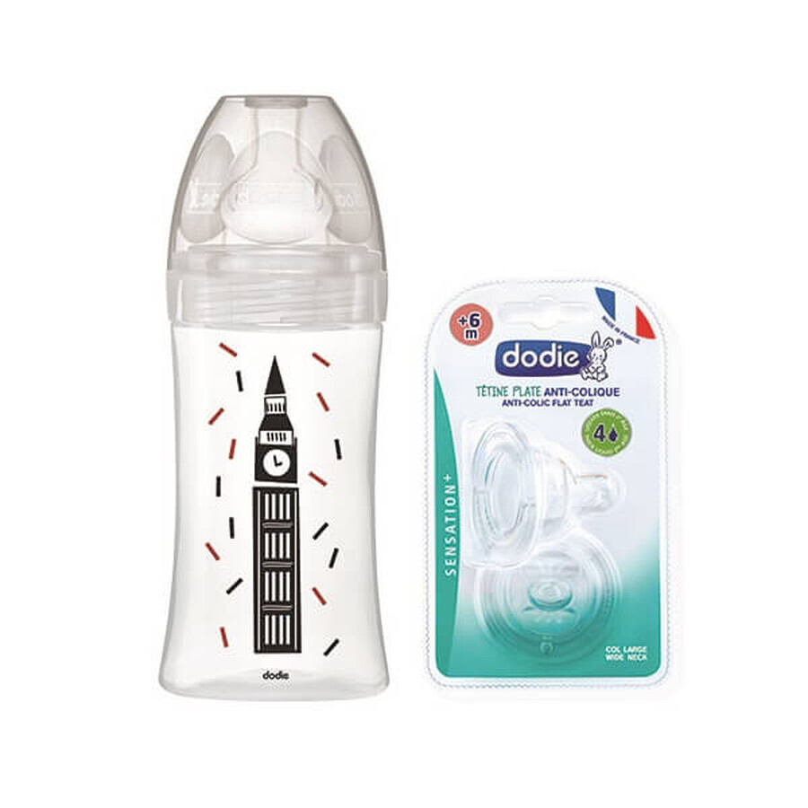 Biberon en verre avec fonction sensorielle et tétine plate anti-colique Flow 2+ 2 tétines London, 0 - 6 mois, 270 ml, Dodie