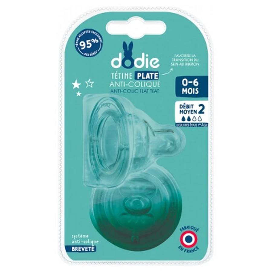 Dodie Sensation+ 2 tettarelle piatte, collare largo, 0–6 mesi, portata 2 (media)