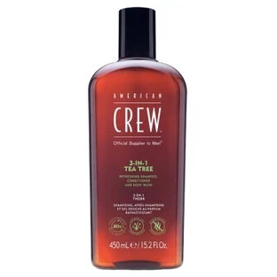 American Crew 3-în-1 cu arbore de ceai, șampon, balsam și gel de duș pentru păr și corp (450 ml), revitalizant și hidratant