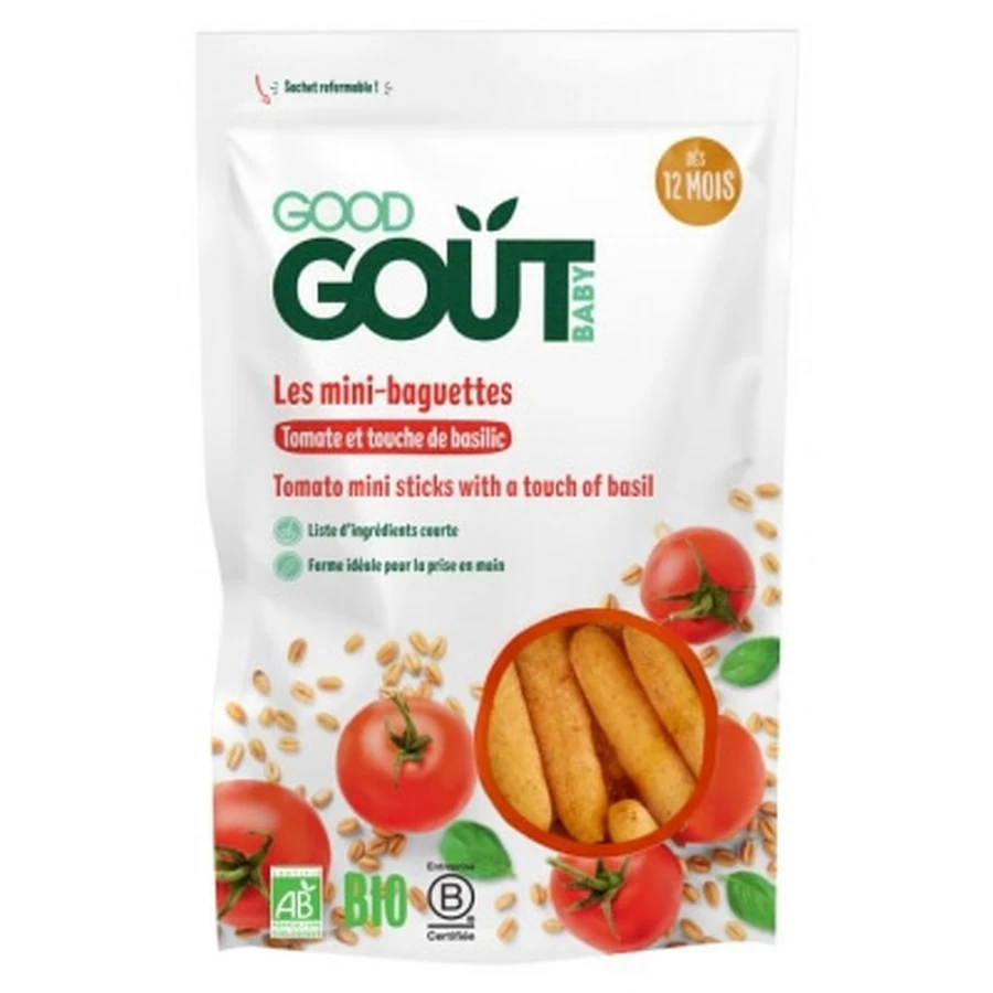 Mini baguettes ecológicas de Good Goût con tomate y un toque de albahaca, para bebés a partir de 12 meses, 70 g