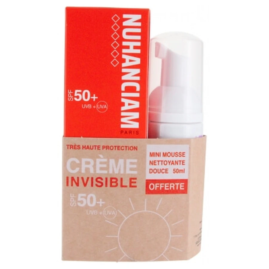 Crema Invisible Nuhanciam SPF50+ 50 ml + Espuma limpiadora suave para desmaquillar «Radiance & Softness» de regalo, 50 ml