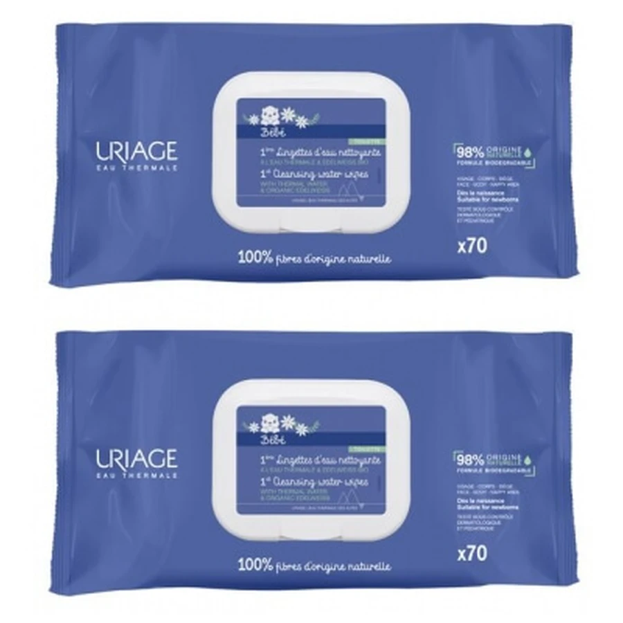 Uriage Bébé 1ères Șervețele cu apă demachiantă, pachet de 2 x 70 de șervețele