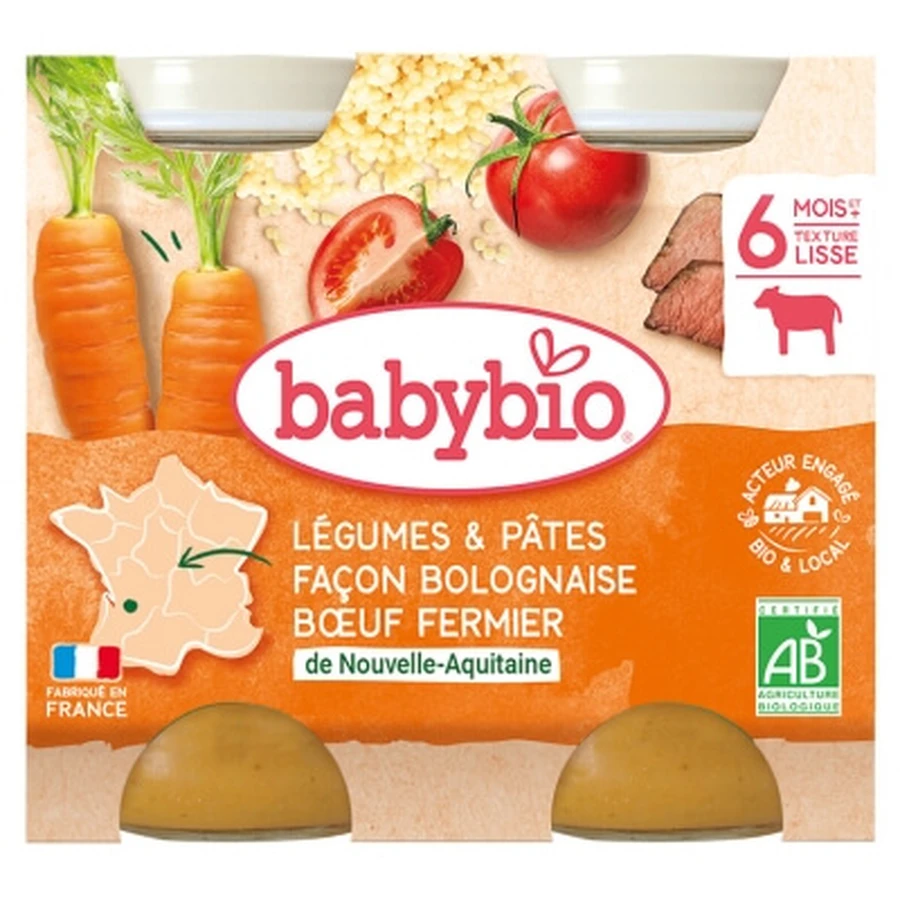 Babybio Legume și paste în stil bolognese cu carne de vită de la fermă, de la 6 luni în sus, 2 borcane bio de 200 g