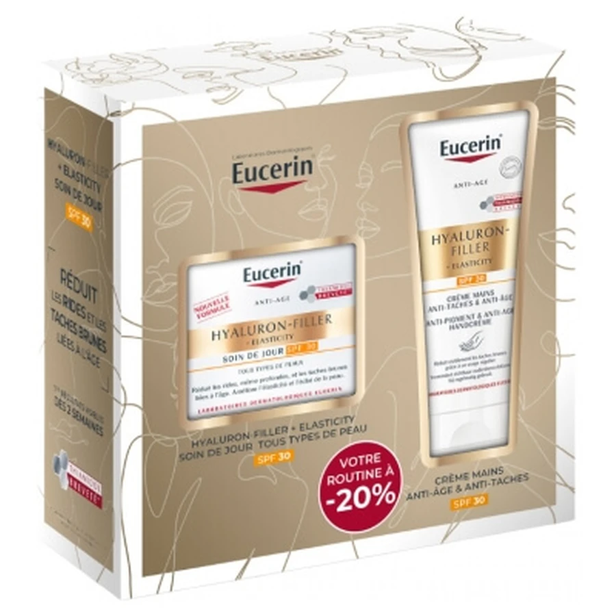 Eucerin Hyaluron-Filler + Elasticity Tagescreme LSF 30, 50 ml + Handcreme gegen Pigmentflecken und gegen Hautalterung LSF 30, 75 ml